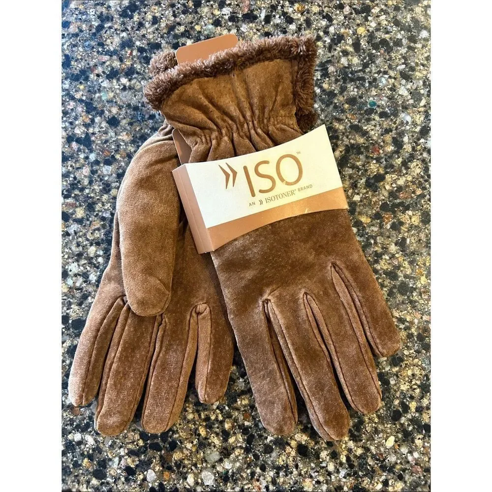 NEW Isotopes Brown Leather Suede Gloves with Fur Trim